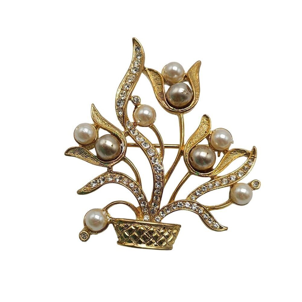 Vintage Gold Tone Brooch With Faux Pearl Clear Rhinestone Floral Basket Design